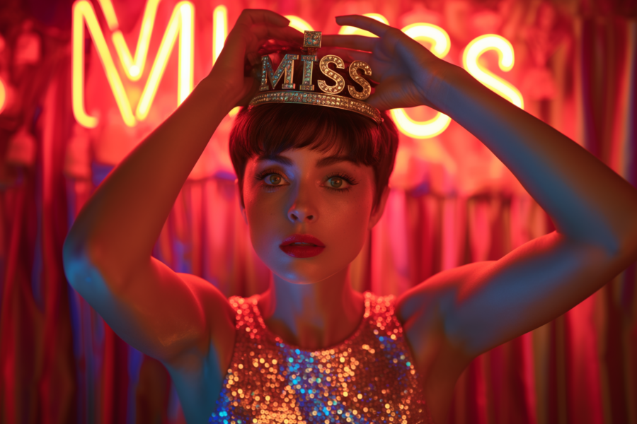 In the image, we see a young woman wearing a sparkling red dress. She is holding a crown on her head, exuding a regal and elegant presence. The woman has short hair and bright blue eyes, adding to her captivating look. The background features a red light, creating a dramatic and glamorous atmosphere. The woman''s face is highlighted with red lipstick, enhancing her features. Overall, the image portrays a confident and stylish woman embodying grace and sophistication, making her appear like royalty. The woman''s outfit, demeanor, and the crown she is holding all contribute to the luxurious and majestic feel of the scene.