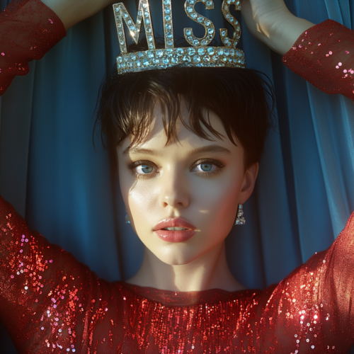 In the image, there is a young woman with a regal appearance. She is wearing a stunning red dress and a tiara on her head, giving her a royal and elegant look. The woman has long, flowing hair and is standing in front of a window. Her facial features include blue eyes and pink lips, and she exudes confidence and grace. The color palette of the image consists of warm tones like brown and beige, with accents of dark red. The woman''s expression is neutral, but her posture and attire suggest a sense of authority and sophistication.