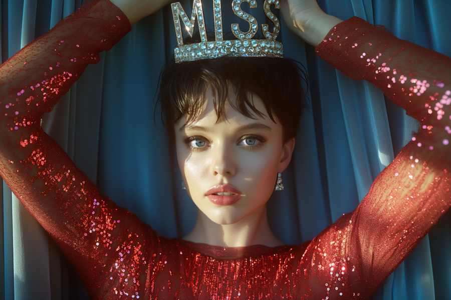 In the image, there is a young woman with a regal appearance. She is wearing a stunning red dress and a tiara on her head, giving her a royal and elegant look. The woman has long, flowing hair and is standing in front of a window. Her facial features include blue eyes and pink lips, and she exudes confidence and grace. The color palette of the image consists of warm tones like brown and beige, with accents of dark red. The woman''s expression is neutral, but her posture and attire suggest a sense of authority and sophistication.