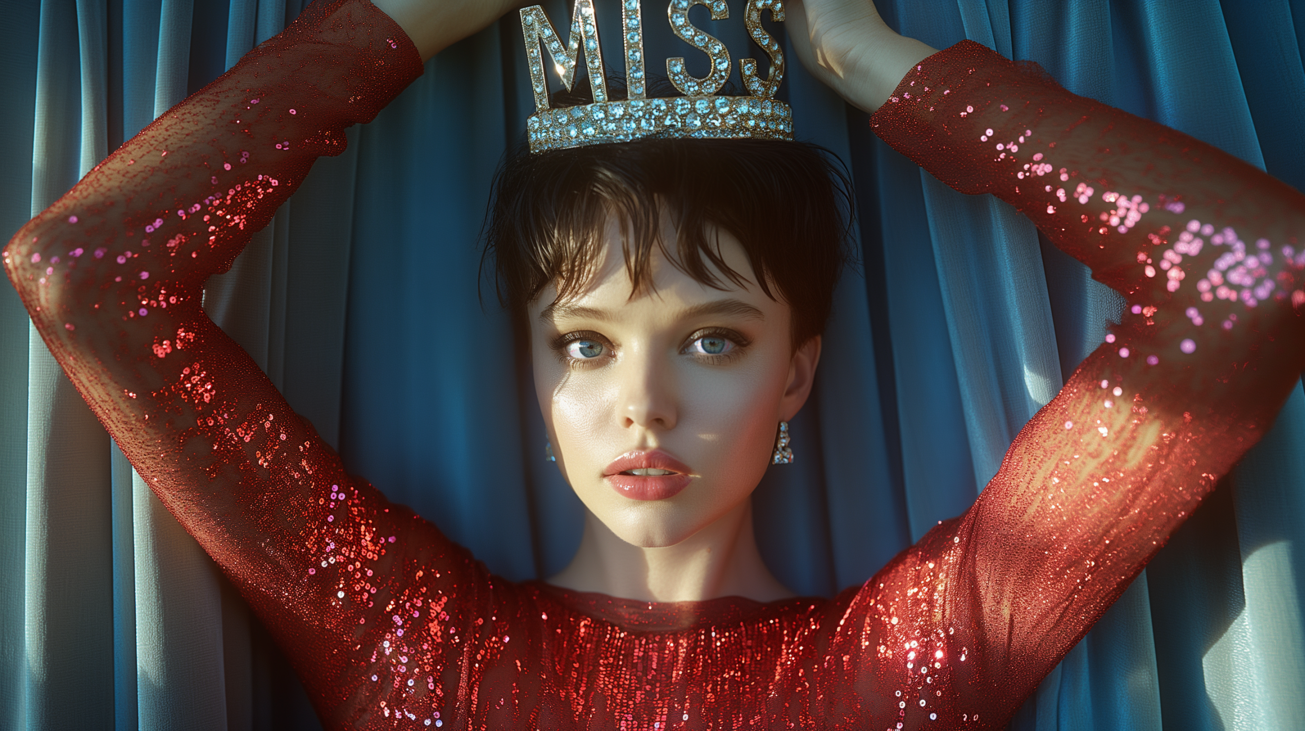 In the image, there is a young woman with a regal appearance. She is wearing a stunning red dress and a tiara on her head, giving her a royal and elegant look. The woman has long, flowing hair and is standing in front of a window. Her facial features include blue eyes and pink lips, and she exudes confidence and grace. The color palette of the image consists of warm tones like brown and beige, with accents of dark red. The woman''s expression is neutral, but her posture and attire suggest a sense of authority and sophistication.