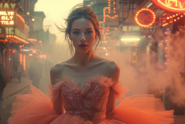 A woman wearing a beautiful pink wedding dress is standing gracefully in the middle of a bustling street. She is the focal point of the image, exuding elegance and poise. Surrounding her are a few other people, one of whom is wearing casual attire, and another is wearing different shoes. The woman in the pink dress is the main subject, with her flowing gown catching the eye. The scene captures a mix of casual street life and formal attire, creating a juxtaposition of styles. The colors in the image are soft and warm, adding to the overall romantic and picturesque atmosphere. Additionally, a young female face is visible, looking directly at the camera with a serene expression.