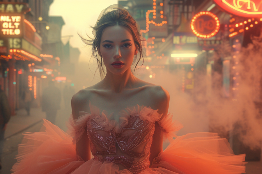 A woman wearing a beautiful pink wedding dress is standing gracefully in the middle of a bustling street. She is the focal point of the image, exuding elegance and poise. Surrounding her are a few other people, one of whom is wearing casual attire, and another is wearing different shoes. The woman in the pink dress is the main subject, with her flowing gown catching the eye. The scene captures a mix of casual street life and formal attire, creating a juxtaposition of styles. The colors in the image are soft and warm, adding to the overall romantic and picturesque atmosphere. Additionally, a young female face is visible, looking directly at the camera with a serene expression.