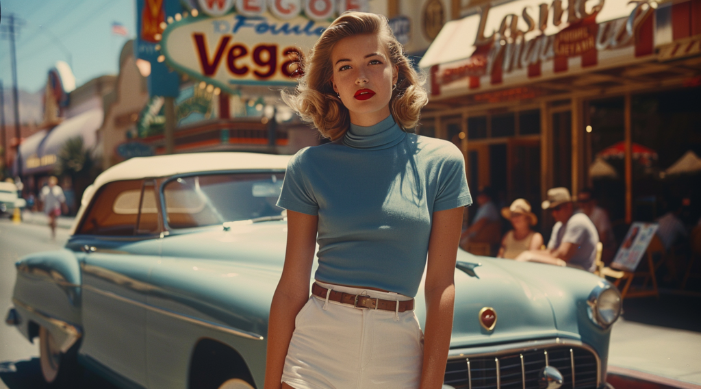 A woman in a blue top and white skirt is standing in front of a classic car on a city street. She is wearing a brown belt, and there is a man in a hat sitting at a table with a glass of wine nearby. The woman appears to be an actor or model, and she has a confident stance. The scene exudes a classic, vintage vibe with the old car in the background. The woman''s outfit consists of a blue top and white skirt, giving her a stylish and elegant appearance. The colors in the image are primarily earthy tones, adding to the overall aesthetic of the scene.