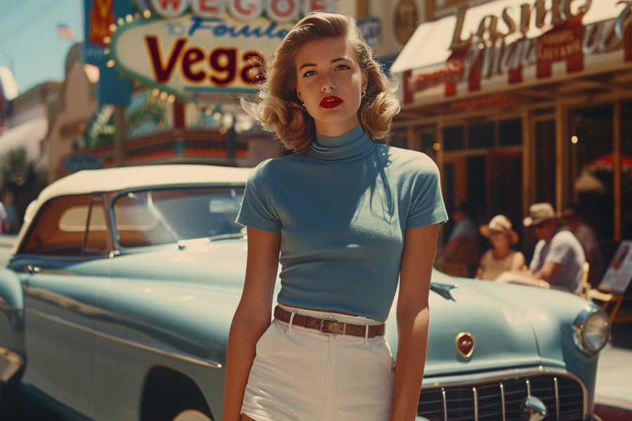 A woman in a blue top and white skirt is standing in front of a classic car on a city street. She is wearing a brown belt, and there is a man in a hat sitting at a table with a glass of wine nearby. The woman appears to be an actor or model, and she has a confident stance. The scene exudes a classic, vintage vibe with the old car in the background. The woman''s outfit consists of a blue top and white skirt, giving her a stylish and elegant appearance. The colors in the image are primarily earthy tones, adding to the overall aesthetic of the scene.