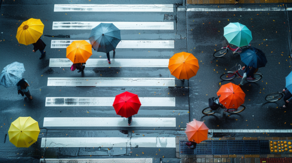 A group of people is seen walking across a street while holding umbrellas. The scene is set on a rainy day, as indicated by the umbrellas being used by the individuals. Various colorful umbrellas can be observed, including yellow, blue, and orange ones. Some of the umbrellas are slightly blurry, adding a sense of movement to the image. The group is crossing a crosswalk, and the background shows a city setting. Overall, the image captures a bustling urban scene on a rainy day, with people going about their daily activities while braving the weather with their umbrellas.