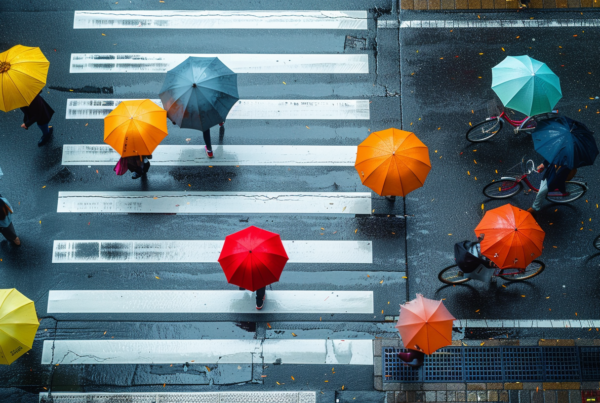 A group of people is seen walking across a street while holding umbrellas. The scene is set on a rainy day, as indicated by the umbrellas being used by the individuals. Various colorful umbrellas can be observed, including yellow, blue, and orange ones. Some of the umbrellas are slightly blurry, adding a sense of movement to the image. The group is crossing a crosswalk, and the background shows a city setting. Overall, the image captures a bustling urban scene on a rainy day, with people going about their daily activities while braving the weather with their umbrellas.