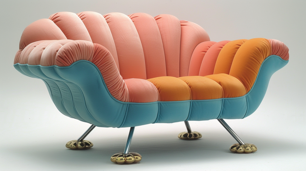This image features a colorful chair with wheels placed on a white surface. The chair has a unique design with a scallop-shaped back and seat. The color scheme of the chair resembles a shell, with hues of gold, blue, and white. The chair also includes a cushion for added comfort. The overall design of the chair is elegant and modern, perfect for adding a pop of color to any room. The image is well-lit, showcasing the intricate details of the chair. The colors in the image are primarily earthy tones, with accents of dark red.