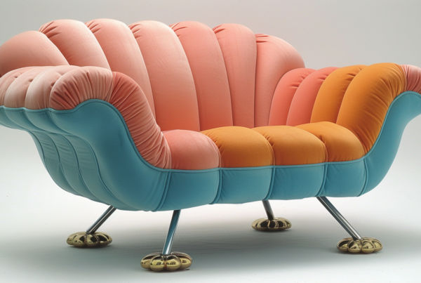 This image features a colorful chair with wheels placed on a white surface. The chair has a unique design with a scallop-shaped back and seat. The color scheme of the chair resembles a shell, with hues of gold, blue, and white. The chair also includes a cushion for added comfort. The overall design of the chair is elegant and modern, perfect for adding a pop of color to any room. The image is well-lit, showcasing the intricate details of the chair. The colors in the image are primarily earthy tones, with accents of dark red.