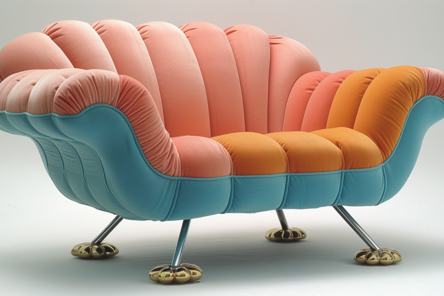 This image features a colorful chair with wheels placed on a white surface. The chair has a unique design with a scallop-shaped back and seat. The color scheme of the chair resembles a shell, with hues of gold, blue, and white. The chair also includes a cushion for added comfort. The overall design of the chair is elegant and modern, perfect for adding a pop of color to any room. The image is well-lit, showcasing the intricate details of the chair. The colors in the image are primarily earthy tones, with accents of dark red.