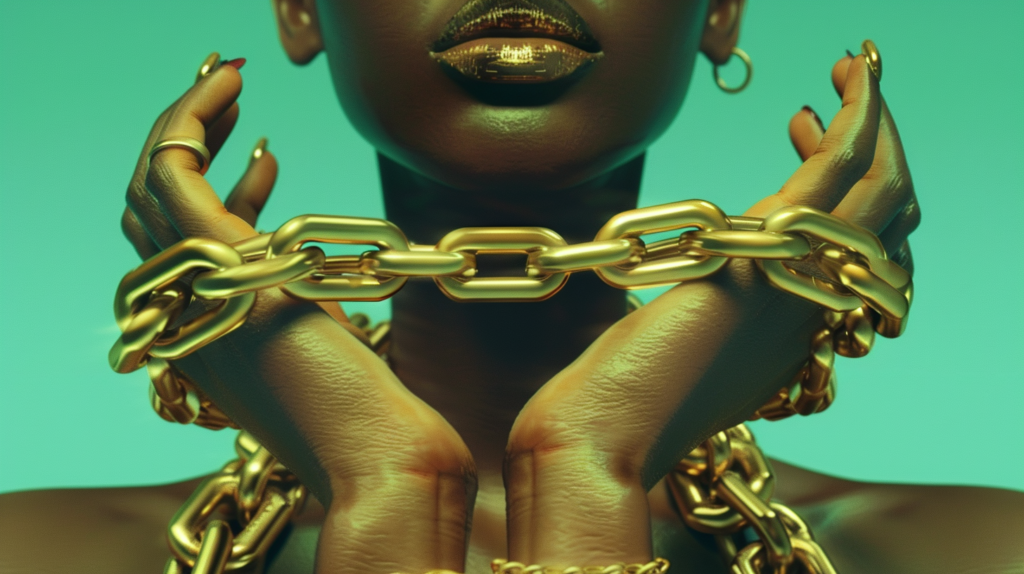 A woman with gold chains around her neck is featured in the image. She is wearing multiple gold chains that adorn her neck, creating a luxurious and stylish look. Additionally, there is a person''s hand visible in the image, wearing a ring. The woman''s face is not visible in the shot, but the focus is on the beautiful gold chains and accessories she is wearing. The image showcases a close-up of the intricate details of the gold chains and the elegant ring on the person''s hand. The color palette includes shades of green, brown, and black, adding to the overall aesthetic of the image.