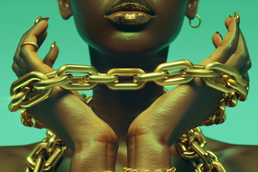 A woman with gold chains around her neck is featured in the image. She is wearing multiple gold chains that adorn her neck, creating a luxurious and stylish look. Additionally, there is a person''s hand visible in the image, wearing a ring. The woman''s face is not visible in the shot, but the focus is on the beautiful gold chains and accessories she is wearing. The image showcases a close-up of the intricate details of the gold chains and the elegant ring on the person''s hand. The color palette includes shades of green, brown, and black, adding to the overall aesthetic of the image.