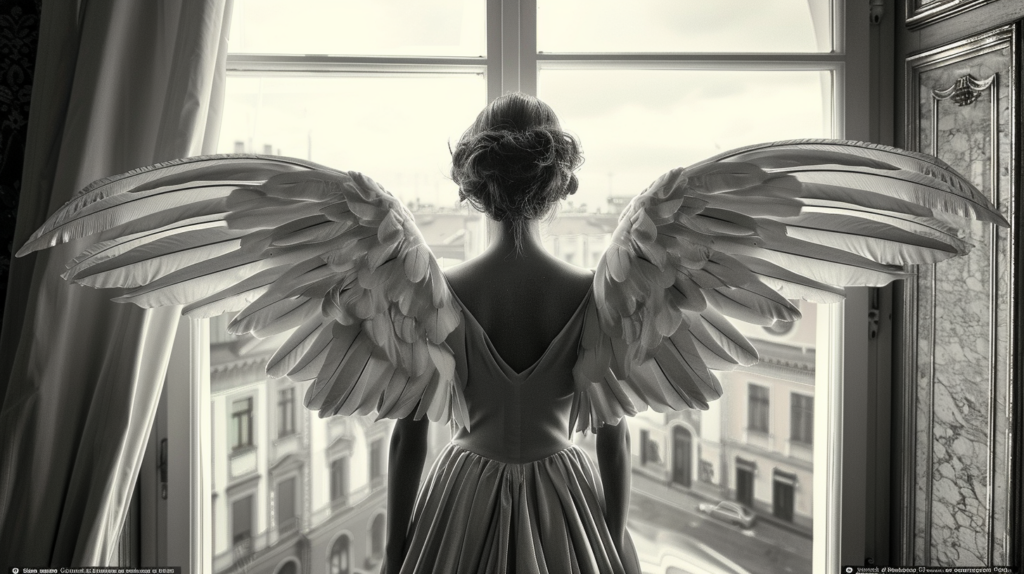 A woman wearing a black dress with wings is standing in front of a window. The image also includes a car driving down a street in the background, appearing blurry. The woman looks angelic with her wings, and the overall scene has a mystical and ethereal quality. The colors in the image are primarily light beige, dark gray, and light gray, with accents of black. The woman''s dress and wings are detailed with shades of dark gray, light gray, and beige. The setting suggests a serene and dreamlike atmosphere, with the woman gazing out the window contemplatively.