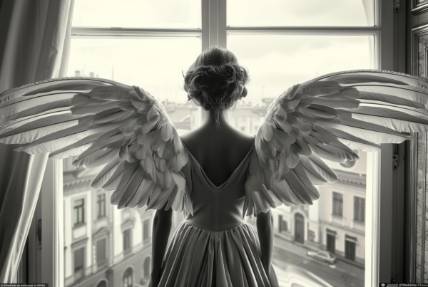 A woman wearing a black dress with wings is standing in front of a window. The image also includes a car driving down a street in the background, appearing blurry. The woman looks angelic with her wings, and the overall scene has a mystical and ethereal quality. The colors in the image are primarily light beige, dark gray, and light gray, with accents of black. The woman''s dress and wings are detailed with shades of dark gray, light gray, and beige. The setting suggests a serene and dreamlike atmosphere, with the woman gazing out the window contemplatively.