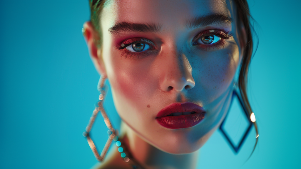 In this image, a young woman with striking blue eyes and bright red lips is depicted. She has a pair of elegant earrings adorning her head. The focus is on her face, showcasing her beautiful features up close. The woman has a serene expression, exuding a sense of elegance and poise. The background of the image is a soft blue color, emphasizing the woman''s features. The close-up shot captures the details of her face, highlighting her captivating gaze and bold lipstick. Overall, the image portrays a portrait of a confident and stylish woman with a classic and timeless beauty.