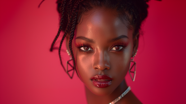 A young woman with long dark hair is depicted in the image. She is wearing a black top and has striking red lipstick on. Around her neck, she is wearing a beautiful necklace that complements her outfit. The woman''s face is the central focus of the image, showcasing her delicate features and confident expression. The background is a soft pink hue, adding a subtle touch of femininity to the overall aesthetic. The woman''s gaze is direct and captivating, drawing the viewer in. The image exudes elegance and beauty, capturing a moment of glamour and poise.