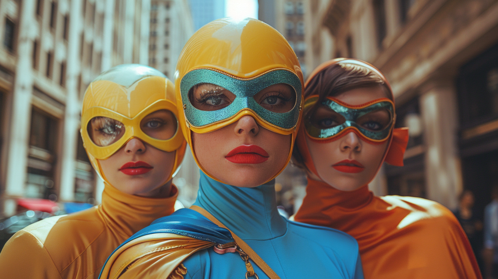 Three women are standing in a city street, dressed in superhero costumes. The first woman, aged 17, has short brown hair and is wearing a blue and yellow costume with a mask on her head. The second woman, aged 19, is wearing a red and black costume with goggles on her head. The third woman, aged 22, is wearing a green and brown costume with glasses on her face. In the background, there is a red car and a blurry image of a car driving down the street. The women are posing confidently, ready to save the day in their colorful superhero outfits.