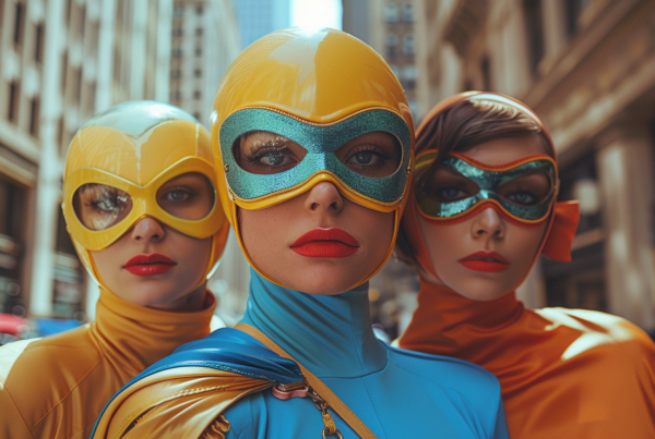 Three women are standing in a city street, dressed in superhero costumes. The first woman, aged 17, has short brown hair and is wearing a blue and yellow costume with a mask on her head. The second woman, aged 19, is wearing a red and black costume with goggles on her head. The third woman, aged 22, is wearing a green and brown costume with glasses on her face. In the background, there is a red car and a blurry image of a car driving down the street. The women are posing confidently, ready to save the day in their colorful superhero outfits.