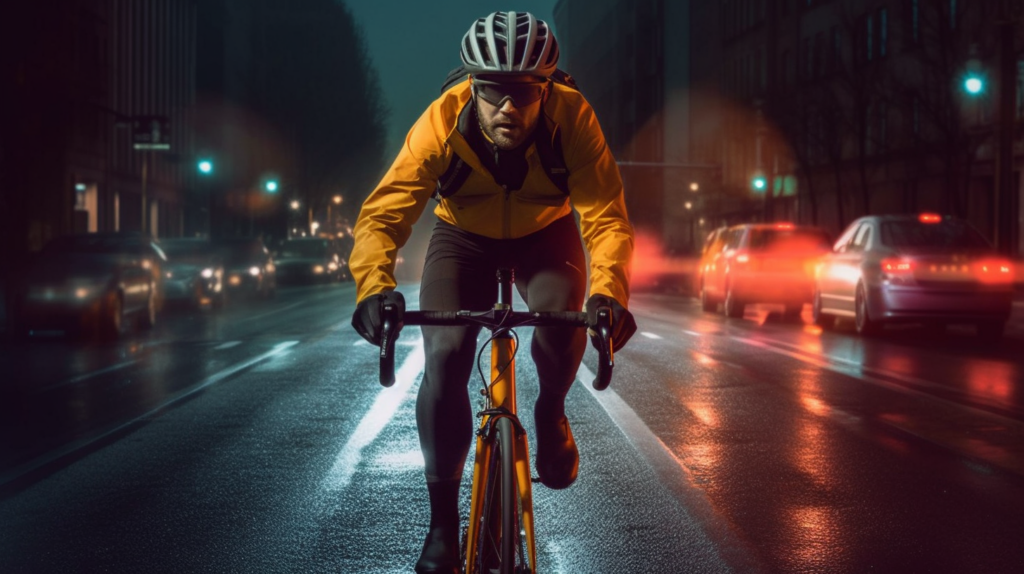 A man is riding a bike down a city street at night. He is wearing a yellow jacket, gloves, and a bicycle helmet. The street is wet, possibly from rain. The man is focused on the road ahead. In the background, there are several cars driving by, some with their lights on. Street lights illuminate the scene, creating a moody atmosphere. The man''s leather shoes and the bicycle''s wheels can be seen clearly. Overall, it is a bustling urban night scene with a lone cyclist navigating through the city streets