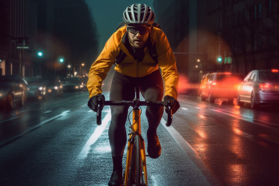 A man is riding a bike down a city street at night. He is wearing a yellow jacket, gloves, and a bicycle helmet. The street is wet, possibly from rain. The man is focused on the road ahead. In the background, there are several cars driving by, some with their lights on. Street lights illuminate the scene, creating a moody atmosphere. The man''s leather shoes and the bicycle''s wheels can be seen clearly. Overall, it is a bustling urban night scene with a lone cyclist navigating through the city streets