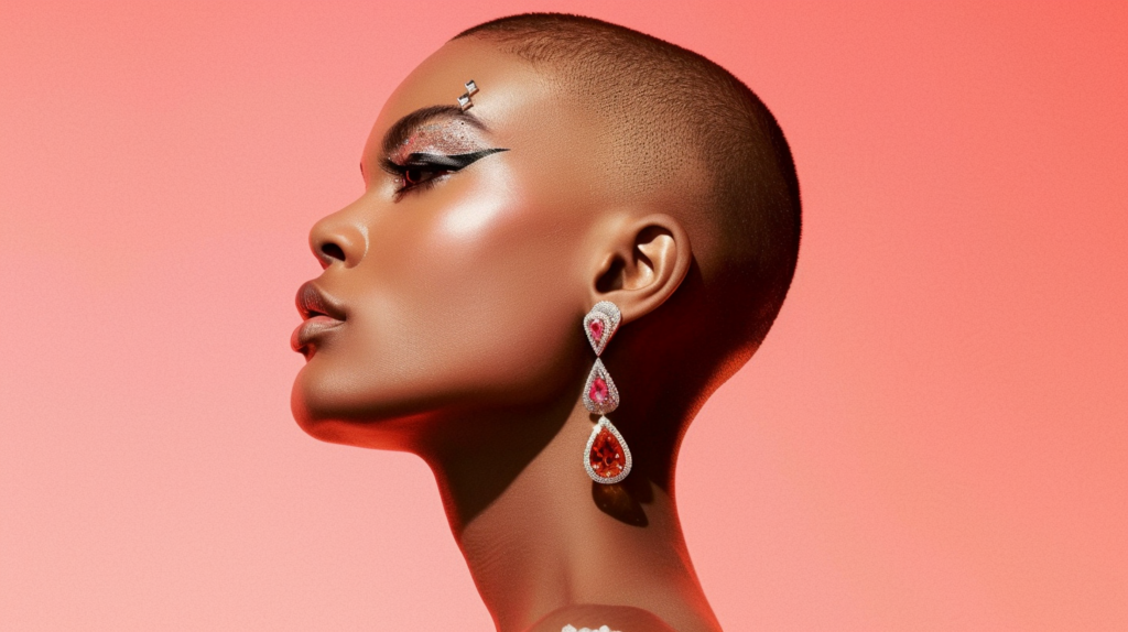 A woman with a shaved head is pictured in the center of the image, with a confident expression. She is wearing large hoop earrings that have a red and white diamond design, adding a touch of elegance to her overall look. The woman''s skin tone is a warm pink, contrasting beautifully with her bold choice of earrings. The background behind her is also pink, enhancing the feminine and stylish vibe of the image. The woman''s shaved head draws attention to her facial features, giving her a modern and edgy appearance.