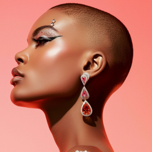 A woman with a shaved head is pictured in the center of the image, with a confident expression. She is wearing large hoop earrings that have a red and white diamond design, adding a touch of elegance to her overall look. The woman''s skin tone is a warm pink, contrasting beautifully with her bold choice of earrings. The background behind her is also pink, enhancing the feminine and stylish vibe of the image. The woman''s shaved head draws attention to her facial features, giving her a modern and edgy appearance.