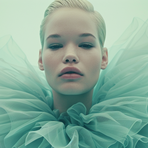 In the image, a young woman is standing wearing a beautiful blue dress with a frilly collar. The dress has a delicate and elegant design, complemented by the intricate details of the frilly collar. The woman appears poised and graceful, exuding a sense of sophistication and style. Her attire gives off a ballet skirt-like appearance, adding a touch of whimsy to her overall look. The color palette of the image consists of shades of blue, white, and green, creating a harmonious and serene ambiance. The woman''s face, captured in a close-up shot, shows a serene expression, emphasizing her beauty and elegance.