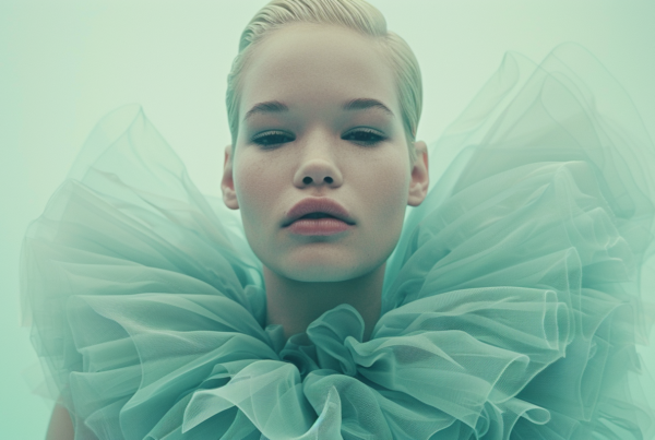 In the image, a young woman is standing wearing a beautiful blue dress with a frilly collar. The dress has a delicate and elegant design, complemented by the intricate details of the frilly collar. The woman appears poised and graceful, exuding a sense of sophistication and style. Her attire gives off a ballet skirt-like appearance, adding a touch of whimsy to her overall look. The color palette of the image consists of shades of blue, white, and green, creating a harmonious and serene ambiance. The woman''s face, captured in a close-up shot, shows a serene expression, emphasizing her beauty and elegance.