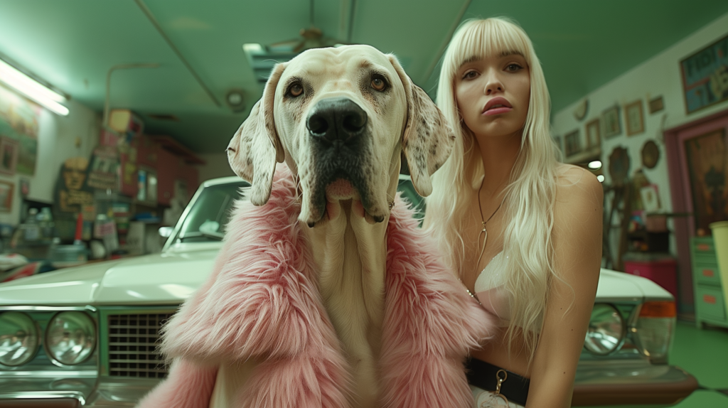 A young woman with long blonde hair is standing in a garage wearing a stylish pink fur coat. She is accompanied by a large dog beside her, adding a touch of warmth to the scene. In the background, there is a white car parked in the garage. The woman''s fashionable outfit contrasts with the utilitarian setting, creating an interesting juxtaposition. The dog''s face is slightly blurry, but its features are still visible. The overall composition conveys a sense of style and companionship in an unexpected setting.