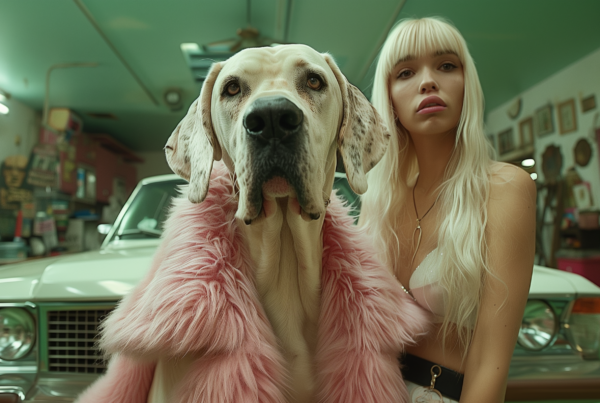 A young woman with long blonde hair is standing in a garage wearing a stylish pink fur coat. She is accompanied by a large dog beside her, adding a touch of warmth to the scene. In the background, there is a white car parked in the garage. The woman''s fashionable outfit contrasts with the utilitarian setting, creating an interesting juxtaposition. The dog''s face is slightly blurry, but its features are still visible. The overall composition conveys a sense of style and companionship in an unexpected setting.