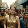 A woman is depicted in this image, wearing a stunning gold dress and a crown on her head. She is adorned with a necklace featuring a coin pendant, adding to her regal appearance. The woman stands out in a crowded street, surrounded by a diverse group of people. Her attire exudes elegance and luxury, making her the center of attention. The intricate details of her outfit, including the bracelet on her wrist, further enhance her royal look. The scene captures a moment of glamour and sophistication, with the woman exuding confidence and grace.