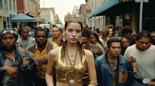 A woman is depicted in this image, wearing a stunning gold dress and a crown on her head. She is adorned with a necklace featuring a coin pendant, adding to her regal appearance. The woman stands out in a crowded street, surrounded by a diverse group of people. Her attire exudes elegance and luxury, making her the center of attention. The intricate details of her outfit, including the bracelet on her wrist, further enhance her royal look. The scene captures a moment of glamour and sophistication, with the woman exuding confidence and grace.