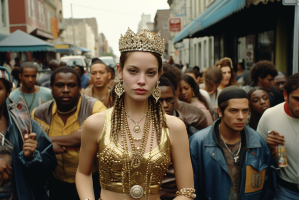 A woman is depicted in this image, wearing a stunning gold dress and a crown on her head. She is adorned with a necklace featuring a coin pendant, adding to her regal appearance. The woman stands out in a crowded street, surrounded by a diverse group of people. Her attire exudes elegance and luxury, making her the center of attention. The intricate details of her outfit, including the bracelet on her wrist, further enhance her royal look. The scene captures a moment of glamour and sophistication, with the woman exuding confidence and grace.