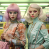 Two female mannequins are displayed in a store setting. Both mannequins have colorful hair, with one wearing a pink wig and the other sporting a blonde wig. They are dressed in stylish outfits and accessorized with items such as a handbag, necklace, and bracelet. One mannequin is positioned next to a car prop, adding to the store''s ambiance. The scene conveys a trendy and fashionable vibe, with the mannequins standing confidently side by side, ready to showcase the latest clothing and accessories to potential customers.