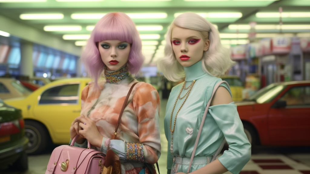 Two female mannequins are displayed in a store setting. Both mannequins have colorful hair, with one wearing a pink wig and the other sporting a blonde wig. They are dressed in stylish outfits and accessorized with items such as a handbag, necklace, and bracelet. One mannequin is positioned next to a car prop, adding to the store''s ambiance. The scene conveys a trendy and fashionable vibe, with the mannequins standing confidently side by side, ready to showcase the latest clothing and accessories to potential customers.