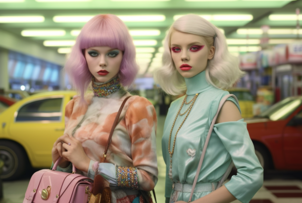 Two female mannequins are displayed in a store setting. Both mannequins have colorful hair, with one wearing a pink wig and the other sporting a blonde wig. They are dressed in stylish outfits and accessorized with items such as a handbag, necklace, and bracelet. One mannequin is positioned next to a car prop, adding to the store''s ambiance. The scene conveys a trendy and fashionable vibe, with the mannequins standing confidently side by side, ready to showcase the latest clothing and accessories to potential customers.