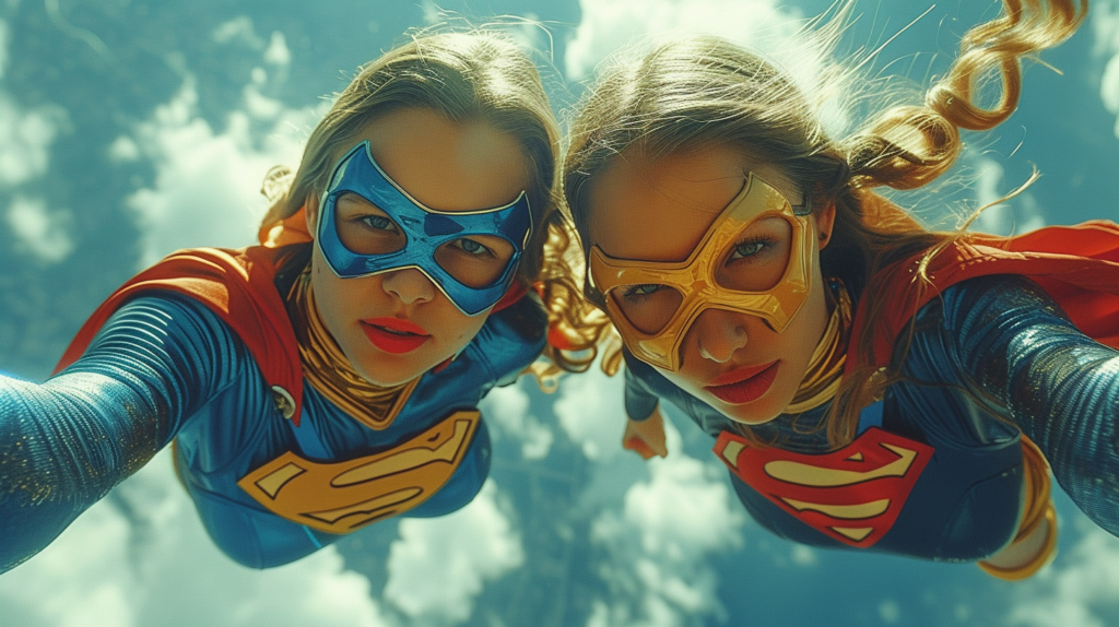 Two women dressed as superheroes are posing for a picture. The first woman is wearing a blue costume with a matching mask and a cape. She has long hair and is looking confidently at the camera. The second woman is dressed in a red and gold costume with a gold mask and goggles. Both women are wearing glasses. The setting appears to be a comic convention or costume party. The women are standing against a neutral background, allowing their vibrant costumes to stand out. They exude power and strength, embodying the spirit of superheroes.