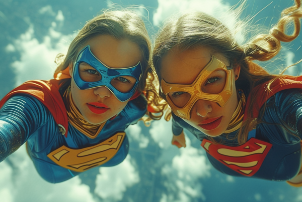 Two women dressed as superheroes are posing for a picture. The first woman is wearing a blue costume with a matching mask and a cape. She has long hair and is looking confidently at the camera. The second woman is dressed in a red and gold costume with a gold mask and goggles. Both women are wearing glasses. The setting appears to be a comic convention or costume party. The women are standing against a neutral background, allowing their vibrant costumes to stand out. They exude power and strength, embodying the spirit of superheroes.