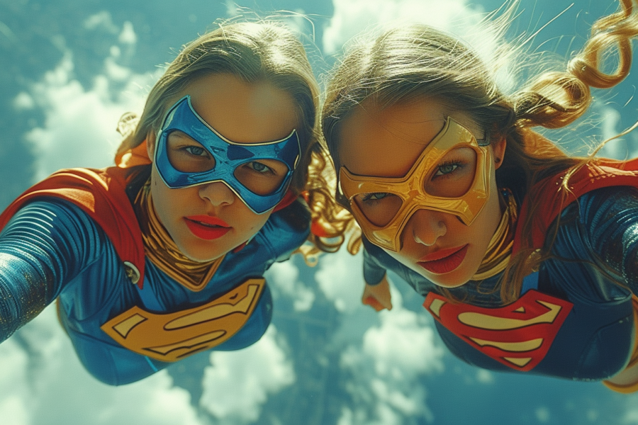 Two women dressed as superheroes are posing for a picture. The first woman is wearing a blue costume with a matching mask and a cape. She has long hair and is looking confidently at the camera. The second woman is dressed in a red and gold costume with a gold mask and goggles. Both women are wearing glasses. The setting appears to be a comic convention or costume party. The women are standing against a neutral background, allowing their vibrant costumes to stand out. They exude power and strength, embodying the spirit of superheroes.