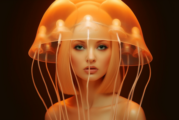 In this image, we see a young woman wearing a unique jelly hat on her head. She has blonde hair, green eyes, and appears to be taking a selfie. The woman is standing against a light background, with a tattoo visible on her arm. The focus is on her face, which is illuminated by a warm light. The jelly hat adds a playful and whimsical touch to her appearance. The overall color scheme includes shades of brown, orange, and black. The woman''s expression is relaxed and she seems to be enjoying herself.