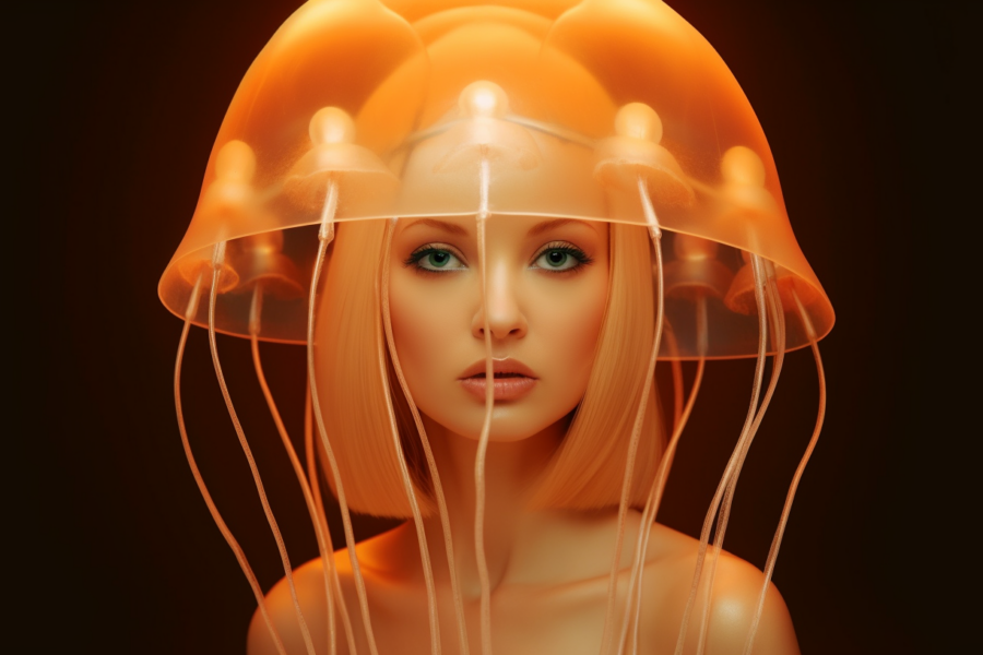In this image, we see a young woman wearing a unique jelly hat on her head. She has blonde hair, green eyes, and appears to be taking a selfie. The woman is standing against a light background, with a tattoo visible on her arm. The focus is on her face, which is illuminated by a warm light. The jelly hat adds a playful and whimsical touch to her appearance. The overall color scheme includes shades of brown, orange, and black. The woman''s expression is relaxed and she seems to be enjoying herself.
