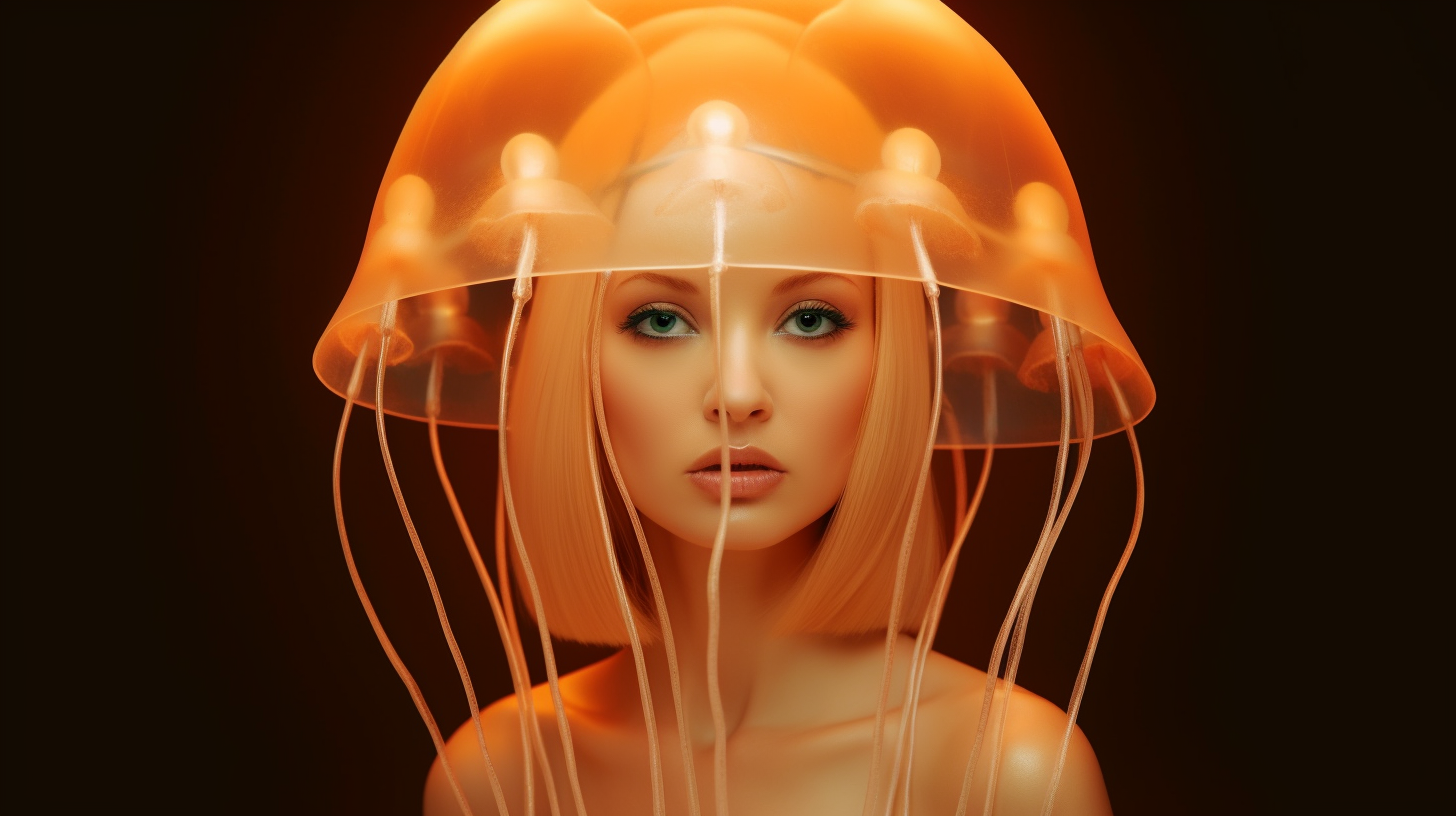 In this image, we see a young woman wearing a unique jelly hat on her head. She has blonde hair, green eyes, and appears to be taking a selfie. The woman is standing against a light background, with a tattoo visible on her arm. The focus is on her face, which is illuminated by a warm light. The jelly hat adds a playful and whimsical touch to her appearance. The overall color scheme includes shades of brown, orange, and black. The woman''s expression is relaxed and she seems to be enjoying herself.