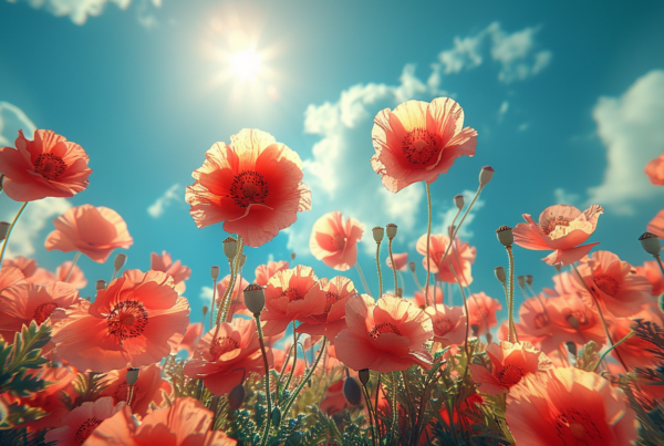 A stunning field of red poppies stretches out under a clear blue sky, creating a vibrant and picturesque scene. The bright red flowers stand out against the lush greenery of the field, with the sun shining in the background, casting a warm glow over the landscape. The colors of the flowers and the sky contrast beautifully, creating a visually striking composition. The peaceful and serene atmosphere is enhanced by the lack of any visible objects or distractions in the scene, allowing the viewer to fully appreciate the natural beauty of the setting.