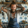 In the image, we see a man with a beard and tattoos standing in a kitchen. He appears to be in his mid-40s and is wearing a bracelet and a necklace. The kitchen is well-equipped with a gas stove, pots, bottles, bowls, and plates. The man has a messy bun on the top of his head and is focused on a task, possibly cooking a meal. The color scheme in the image consists of shades of grey, brown, and black. The man''s facial expression suggests concentration and focus on the task at hand.