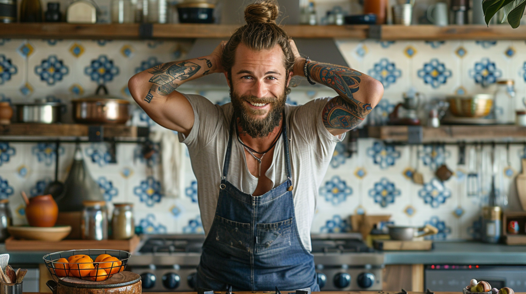 In the image, we see a man with a beard and tattoos standing in a kitchen. He appears to be in his mid-40s and is wearing a bracelet and a necklace. The kitchen is well-equipped with a gas stove, pots, bottles, bowls, and plates. The man has a messy bun on the top of his head and is focused on a task, possibly cooking a meal. The color scheme in the image consists of shades of grey, brown, and black. The man''s facial expression suggests concentration and focus on the task at hand.