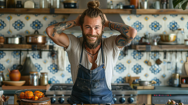 In the image, we see a man with a beard and tattoos standing in a kitchen. He appears to be in his mid-40s and is wearing a bracelet and a necklace. The kitchen is well-equipped with a gas stove, pots, bottles, bowls, and plates. The man has a messy bun on the top of his head and is focused on a task, possibly cooking a meal. The color scheme in the image consists of shades of grey, brown, and black. The man''s facial expression suggests concentration and focus on the task at hand.