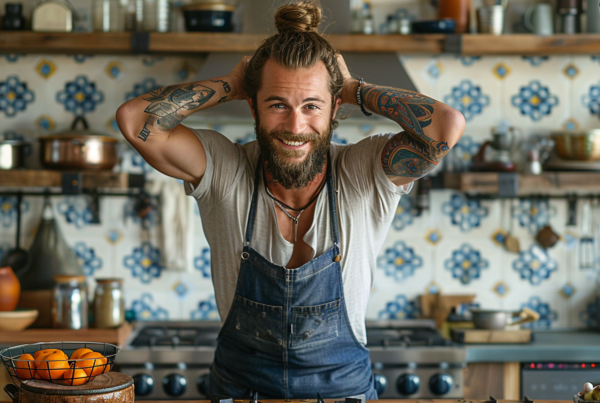 In the image, we see a man with a beard and tattoos standing in a kitchen. He appears to be in his mid-40s and is wearing a bracelet and a necklace. The kitchen is well-equipped with a gas stove, pots, bottles, bowls, and plates. The man has a messy bun on the top of his head and is focused on a task, possibly cooking a meal. The color scheme in the image consists of shades of grey, brown, and black. The man''s facial expression suggests concentration and focus on the task at hand.