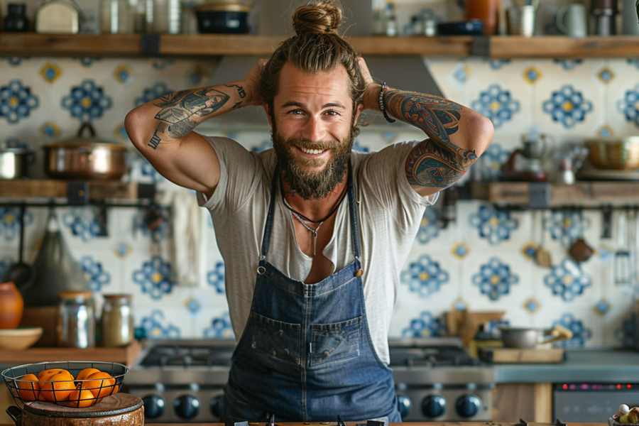 In the image, we see a man with a beard and tattoos standing in a kitchen. He appears to be in his mid-40s and is wearing a bracelet and a necklace. The kitchen is well-equipped with a gas stove, pots, bottles, bowls, and plates. The man has a messy bun on the top of his head and is focused on a task, possibly cooking a meal. The color scheme in the image consists of shades of grey, brown, and black. The man''s facial expression suggests concentration and focus on the task at hand.
