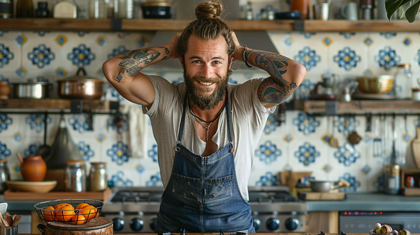 In the image, we see a man with a beard and tattoos standing in a kitchen. He appears to be in his mid-40s and is wearing a bracelet and a necklace. The kitchen is well-equipped with a gas stove, pots, bottles, bowls, and plates. The man has a messy bun on the top of his head and is focused on a task, possibly cooking a meal. The color scheme in the image consists of shades of grey, brown, and black. The man''s facial expression suggests concentration and focus on the task at hand.