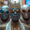 A vibrant group of people with blue painted faces and silver costumes are gathered together in this image. One person is wearing a striking necklace with a variety of beads and chains, adding a touch of elegance to their ensemble. Another individual is sporting stylish glasses with a blue glittered frame, while a third person is donning goggles with blue lenses and a gold frame. The overall scene is visually captivating, with a mix of colors and accessories creating a unique and festive atmosphere. The group exudes a sense of fun and creativity, making them stand out in a crowd.