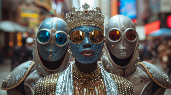 A vibrant group of people with blue painted faces and silver costumes are gathered together in this image. One person is wearing a striking necklace with a variety of beads and chains, adding a touch of elegance to their ensemble. Another individual is sporting stylish glasses with a blue glittered frame, while a third person is donning goggles with blue lenses and a gold frame. The overall scene is visually captivating, with a mix of colors and accessories creating a unique and festive atmosphere. The group exudes a sense of fun and creativity, making them stand out in a crowd.